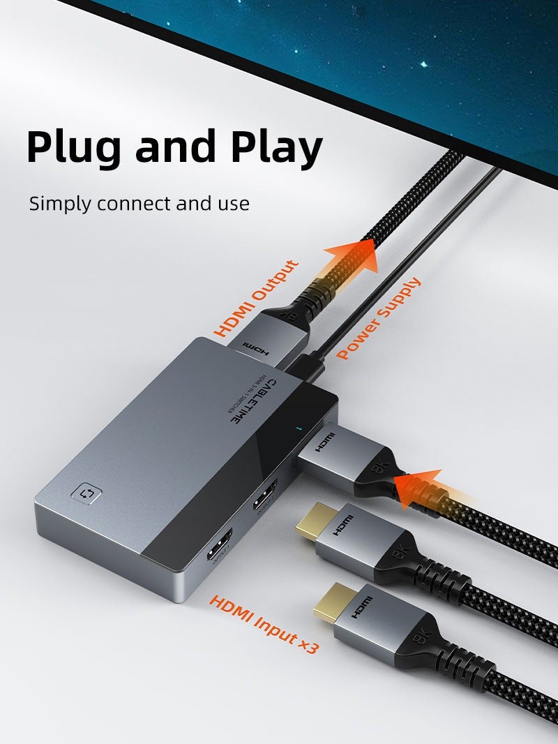 كابل تايم موزع HDMI ثلاثي المنافذ من CABLETIME بدقة 4K ومعدل تحديث 60 هرتز مع جهاز تحكم عن بعد ودليل استخدام، متوافق مع PS5 وPS4 وXbox وRoku وApple TV والكمبيوتر الشخصي - Image 3